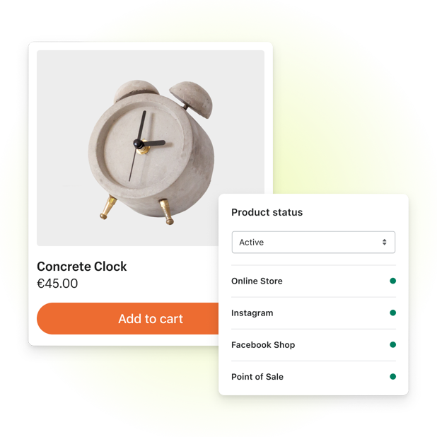 In the background, an online checkout screen showing a Concrete Clock with a button under it: "Add to cart." In the foreground, a screen from the Shopify admin showing the Concrete Clock is available for sale on the following sales channels: Online Store, Instagram, Facebook Shop, and Point of Sale